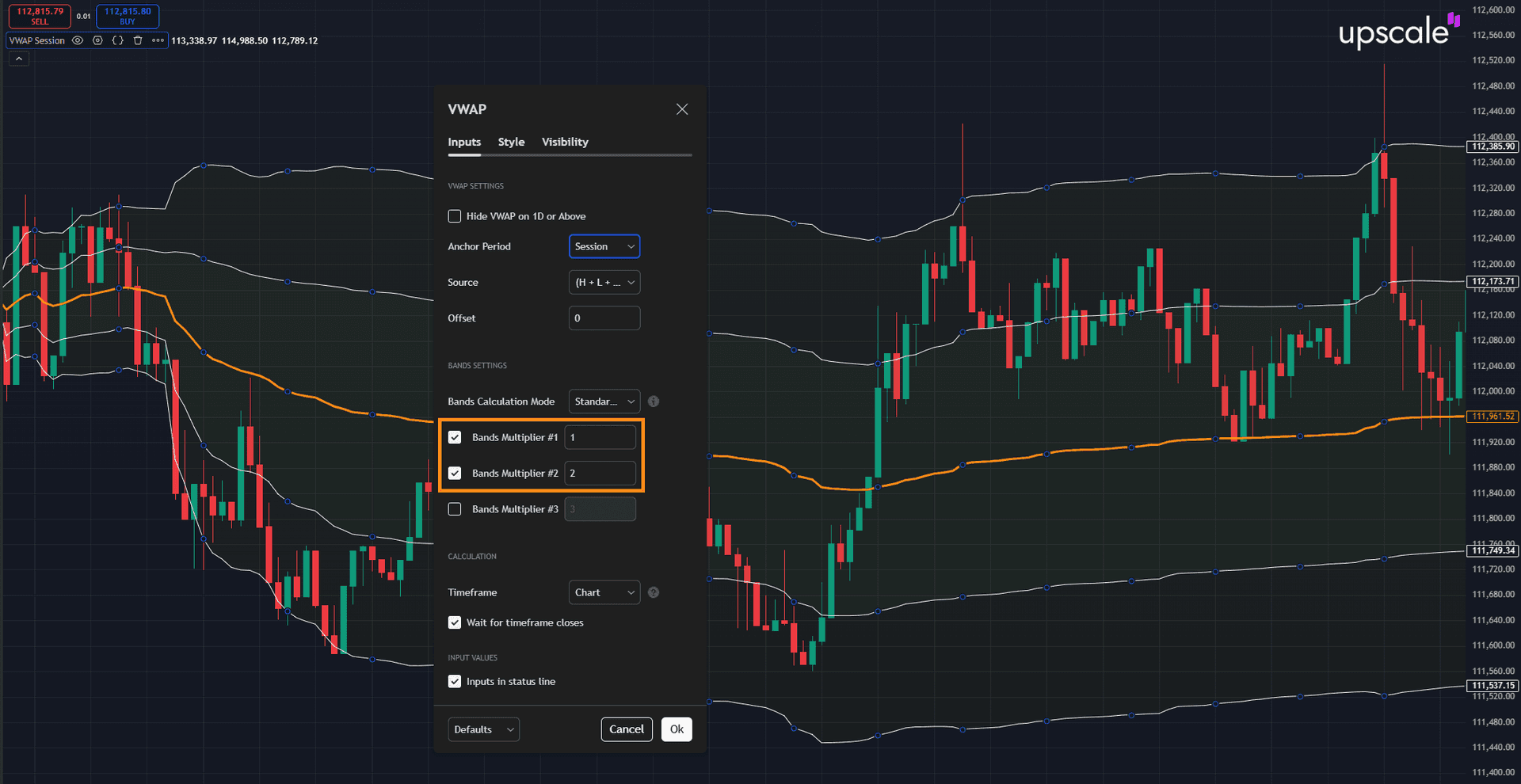 Configuración de bandas de desviación estándar VWAP en TradingView